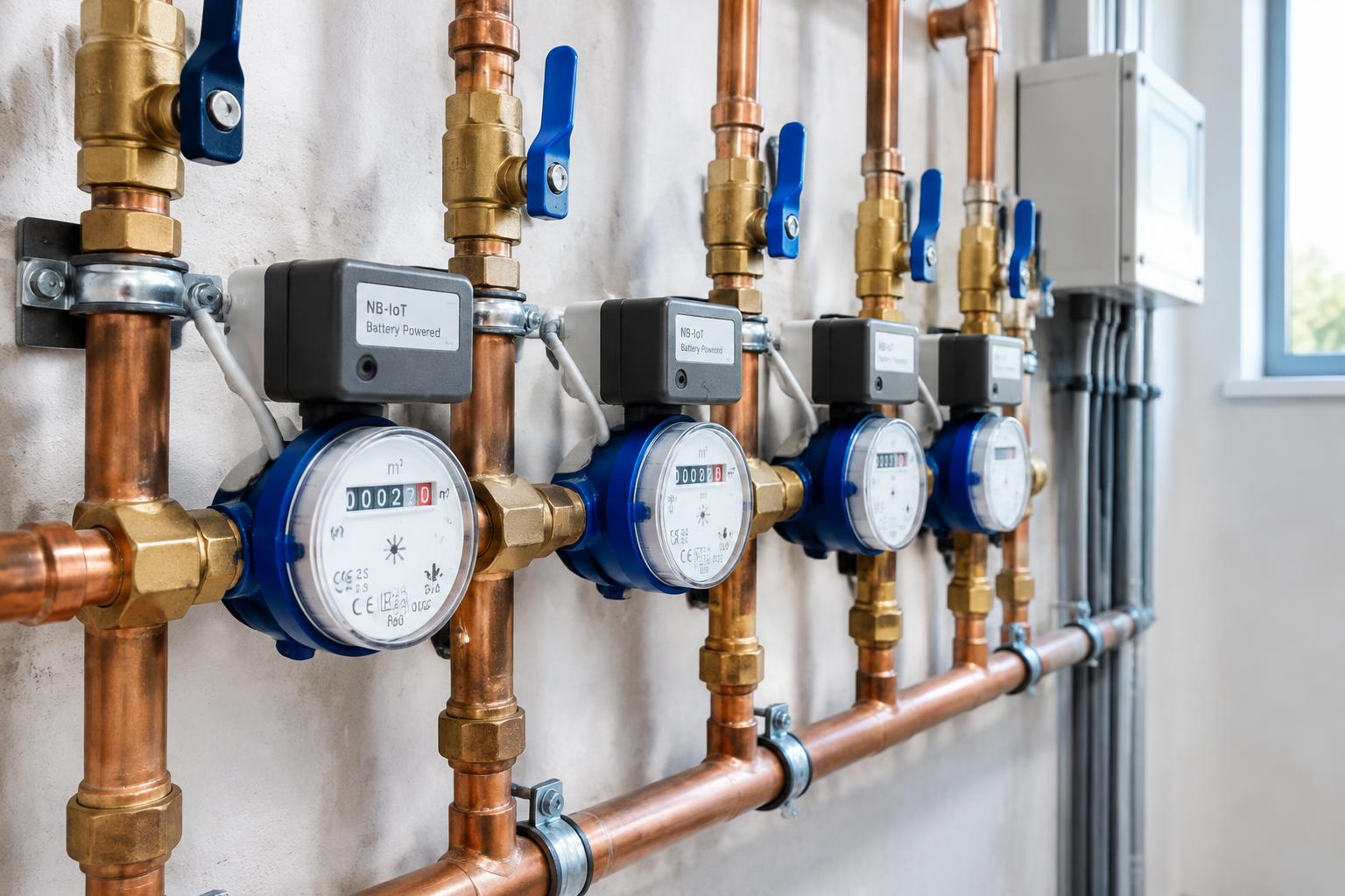 Batería de contadores de agua con tubería de cobre