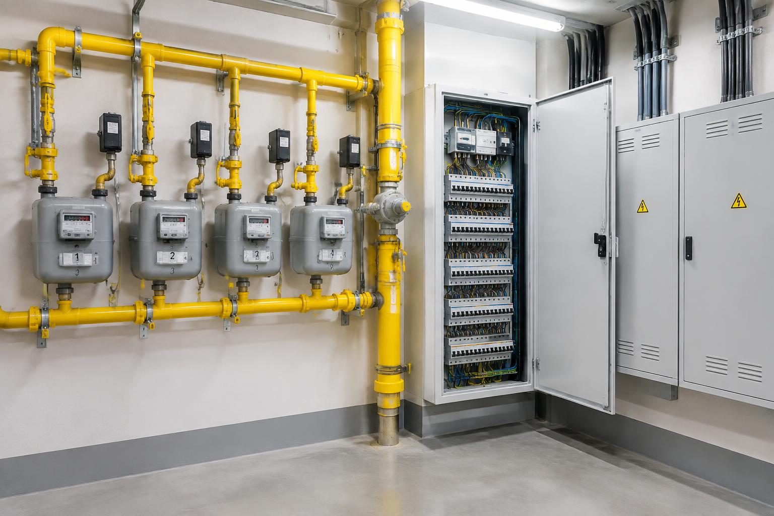 Batería de contadores de gas y cuadro eléctrico en un edificio