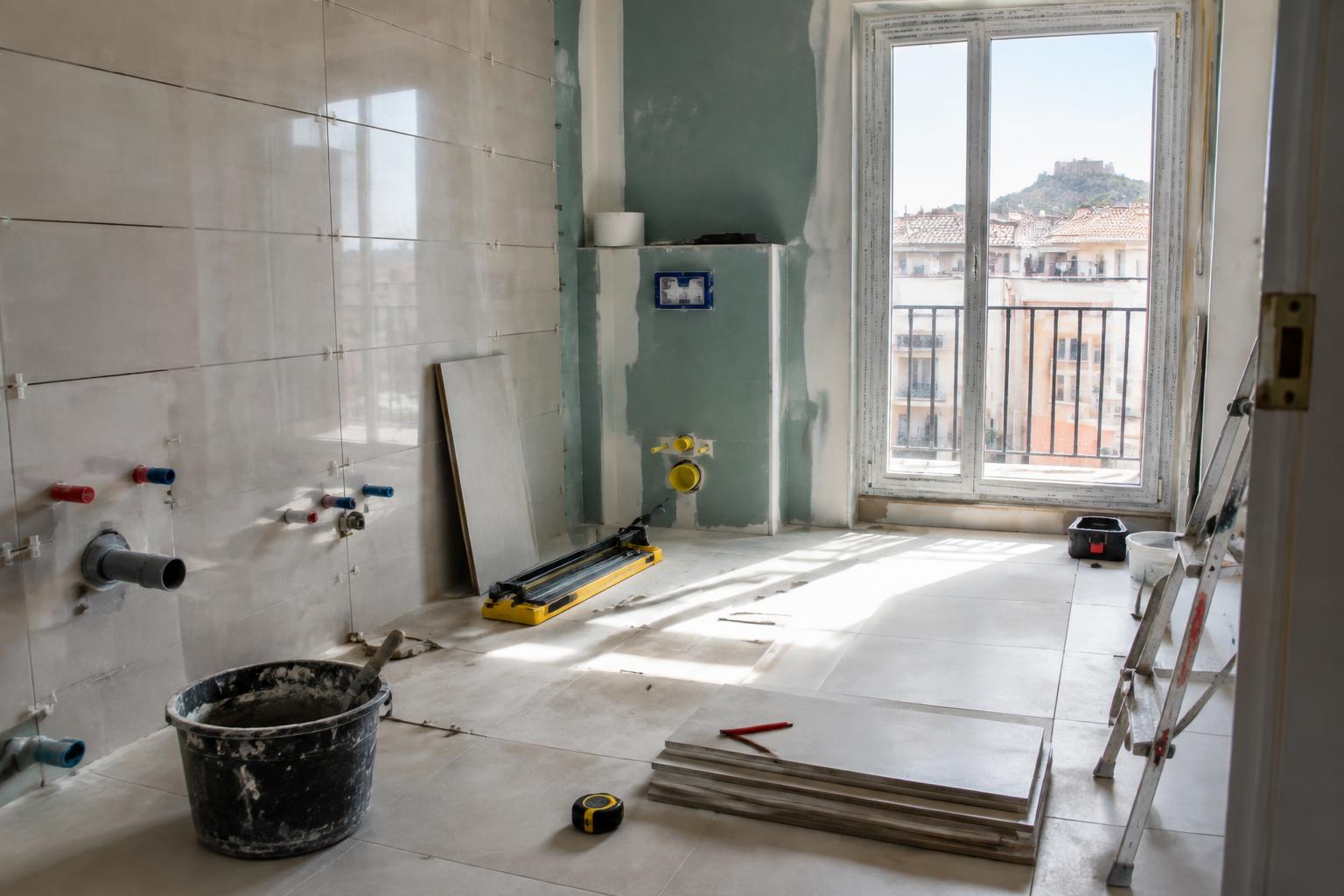 Reforma de baño en curso con instalación de fontanería preparada