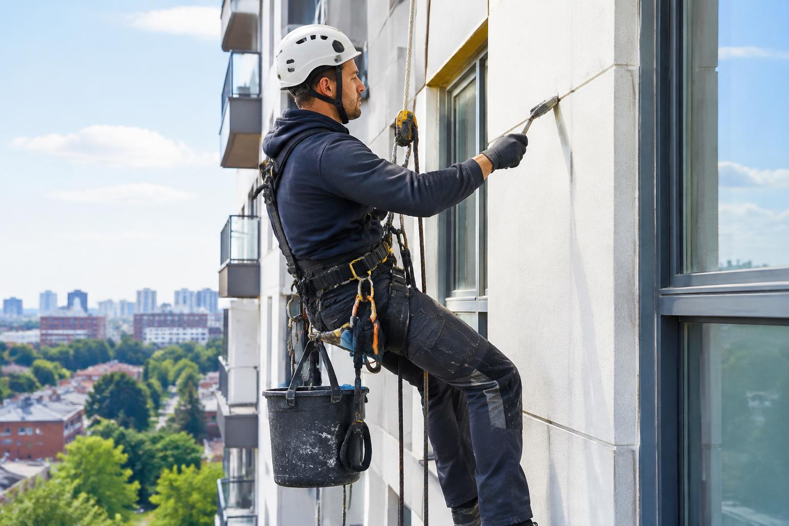 Técnico realizando trabajos verticales en la fachada de un edificio